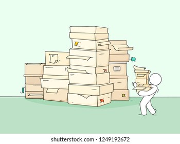 Cartoon business concept abot paperwork. Doodle cute miniature with tired businessman. Hand drawn cartoon vector illustration.