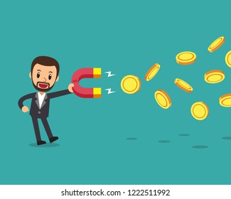 Cartoon business concept businessman using a magnet to attracts money for design.