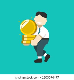 Cartoon business concept a businessman using smartphone with big coin stack for design.