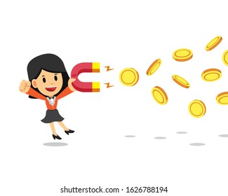 Cartoon business concept businesswoman using a magnet to attracts money for design.