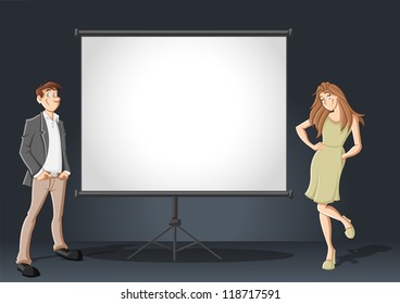 Cartoon business couple and white billboard with empty space. Presentation screen.