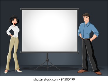 Cartoon business couple and white billboard with empty space. Presentation screen.