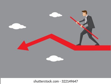 Cartoon business executive character doing sky walking and balancing carefully on declining red arrow. Creative vector illustration on business risk and balancing act concept.