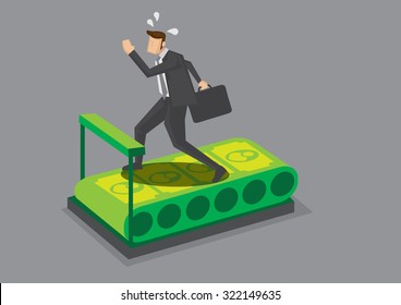 Cartoon business executive character running on treadmill will money belt and feeling tired. Creative vector illustration on endless pursuit for money wealth concept isolated on grey background.