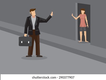 Cartoon business executive leaving home for work and waving good bye to wife standing at doorway. Vector illustration on small acts of love in everyday life for married couple.