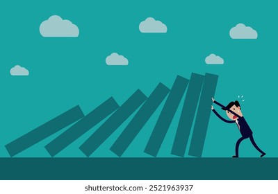 Cartoon business executive pushing hard against falling deck of domino tiles. Creative vector illustration for concept on determination and resilience