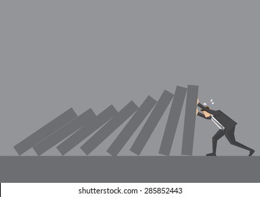 Cartoon business executive pushing hard against falling deck of domino tiles. Creative vector illustration for concept on determination and resilience isolated on grey background.