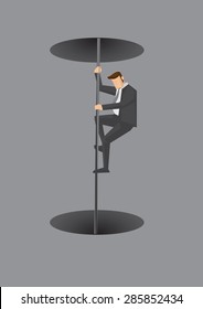 Cartoon Business Executive Sliding On Fireman's Pole Down Into Black Hole. Creative Vector Illustration On Concept For Fast Transition Isolated On Grey Background.