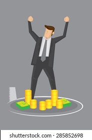 Cartoon business executive standing in front of money, feeling rich and powerful, oblivious of a saw cutting a hole beneath him. Creative vector illustration for concept on danger of complacency. 