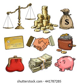 Cartoon business finance money set. Scales, stack of coins, sack of dollars, credit card, handshake, paper money, purse. wallet, piggy bank Sketch Hand drawn vector illustration isolated.