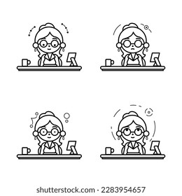 cartoon business glasses office girl work desk in difference emotion line icon vector. cute cartoon business glasses office girl work desk in difference emotion line icon vector. 