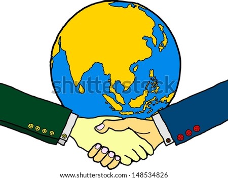 Cartoon of a business handshake with a globe in the background. 