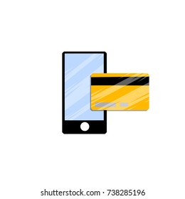 cartoon business icon with cell phone and a Bank card with money