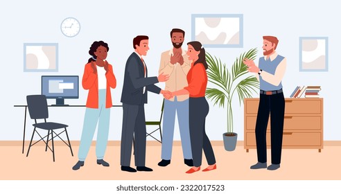 Cartoon business leader and boss shaking hand of happy manager, corporate colleagues celebrate partnership. Business team applauding with respect to handshake of office employees vector illustration