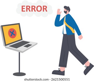 cartoon business man angry with laptop computer stress fail and technology concept, vector, illustration

