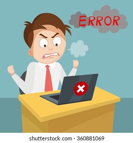 Cartoon Business Man Angry With Laptop Computer Stress Fail And Technology Concept, Vector, Illustration