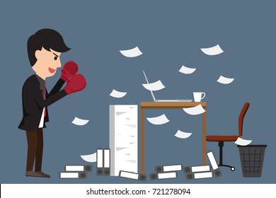 Cartoon business man with boxing gloves looking at his desk in office and battle with his job. vector illustration.