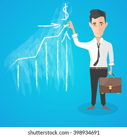 cartoon business man with briefcase drawing business graph of success with piece of chalk. vector business concept illustration