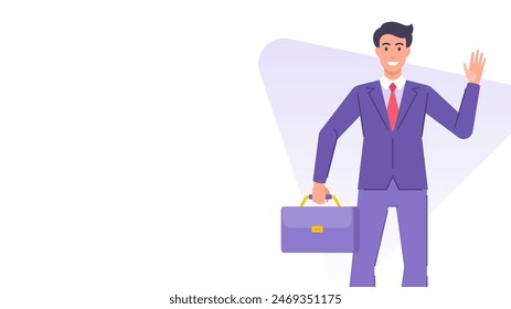 Cartoon business man with briefcase waving hand banner design template vector flat illustration. Smiling businessman leader manager character friendly greeting welcome gesture copy space poster