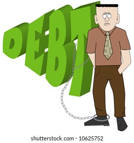 cartoon of business man chained to his debt - financial woes - vector