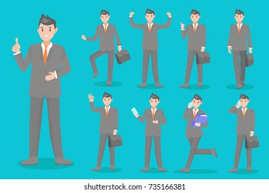cartoon business man do different gesture on blue background