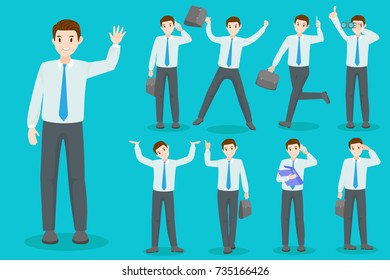 cartoon business man do different gesture on blue background