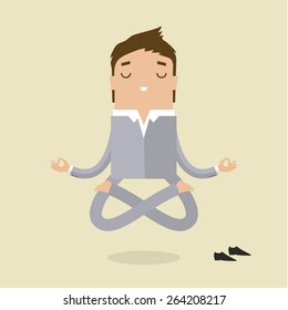 Cartoon Business Man Is Doing Yoga And Meditation. Concept Of Peace In Mind. Flat Design