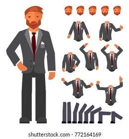Cartoon business man full length. Character creation set with different face and body emotions, gestures, isolated against white background. Vector illustration eps 10