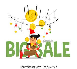 Cartoon of Business Man  Get Dollar Coin describe a Big Sale in Christmas Celebration