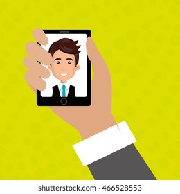cartoon business man hand holding a black smartphone over a green background with a cartoon business man in the screen wearing a suit over a white background vector illustration