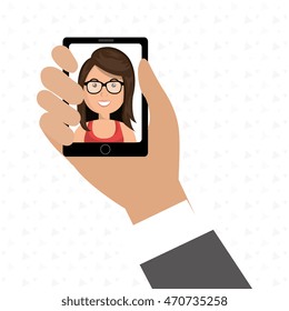 cartoon business man hand holding a black smartphone over a white background with a cartoon business woman in the screen vector illustration