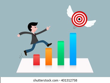 Cartoon business man is moving to catch the target which are growing with 3D Chart, vector illustration