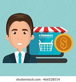cartoon business man next to a laptop with a online store message and a red and white tent and a big gold coin over a blue background vector illustration