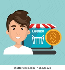cartoon business man next to a laptop with a online store message and a red and white tent and a big gold coin over a blue background vector illustration