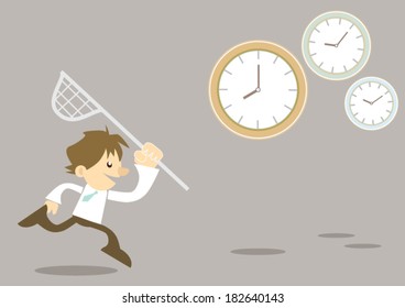 Cartoon business man run & catch clock, time concept 