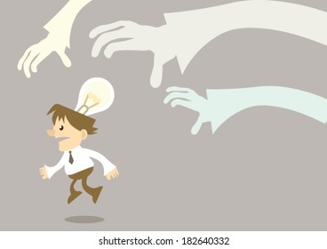 Cartoon Business man run & escape with idea from stealing 