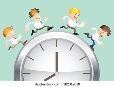 Cartoon Business man run on the clock, time concept 