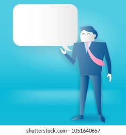 cartoon business man with speech bubble on the blue background