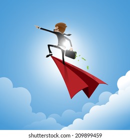 cartoon business man in suit ride on red paper plane