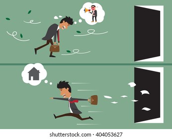 Cartoon business man very tired go to work and cartoon business happy go to home after work. vector illustration.