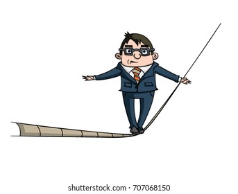 Cartoon business man walking a tight rope