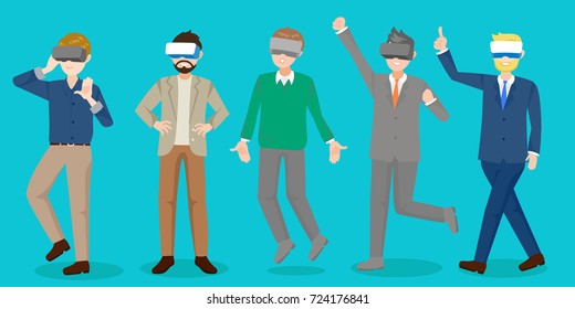 cartoon business man wear virtual reality headset on blue background