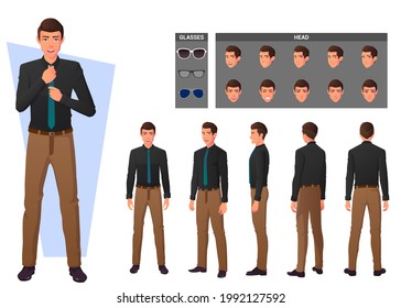 Cartoon Business Man Wearing Shirt and Standing in Different poses Character Creation Set.