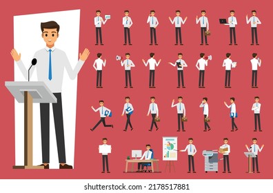 cartoon business man wearing white shirt character set  ,Vector illustration 