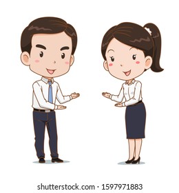 Cartoon of business man and woman in welcoming poses.