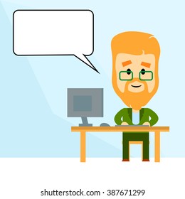 Cartoon Business Man Working At Computer Desktop Chat Bubble Flat Vector Illustration