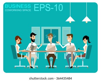 Cartoon Business meeting. Shared working environment. People talking and working at the computers in the open space office