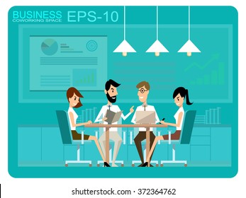 Cartoon Business meeting. Shared working environment. People talking and working at the computers in the open space office