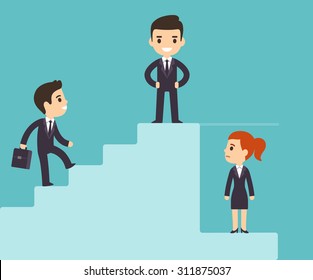Cartoon Business Men Climbing Corporate Ladder With Woman Under Glass Ceiling. Sexism Issues In Workplace. Flat Vector Style. 