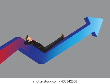 Cartoon business owner resting and relaxing on business growth chart arrow. Vector business illustration on business in growth stage concept isolated on grey background.
